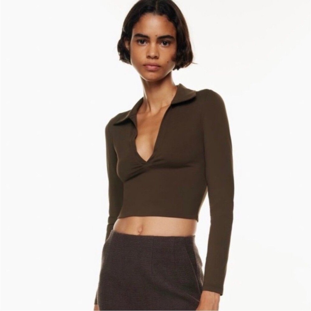 Babaton Aritzia Women’s XL Brown Collared Crop Top Long Sleeve V Neck Stretch